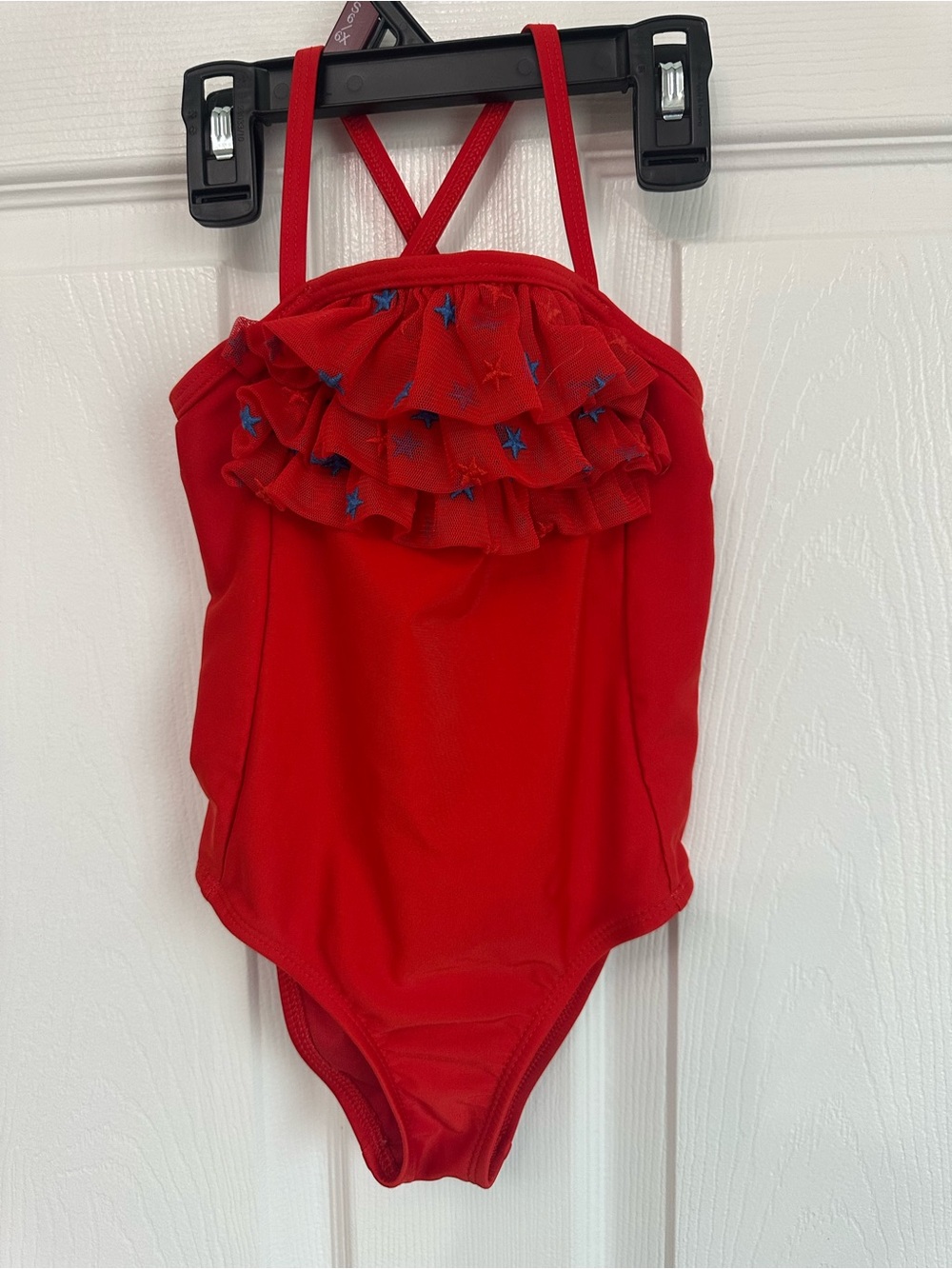 Cat & Jack Red one-piece swimsuit ruffled mesh overlay Blue Stars Sz 4T Toddler